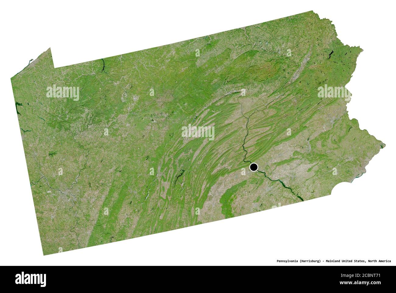 Form von Pennsylvania, Staat des Festlandes USA, mit seiner Hauptstadt isoliert auf weißem Hintergrund. Satellitenbilder. 3D-Rendering Stockfoto