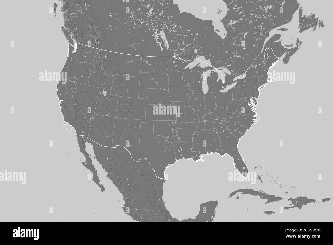 Ausgedehnte Fläche des Mainland USA mit Länderübersicht, internationalen und regionalen Grenzen. Höhenkarte mit zwei Ebenen. 3D-Rendering Stockfoto