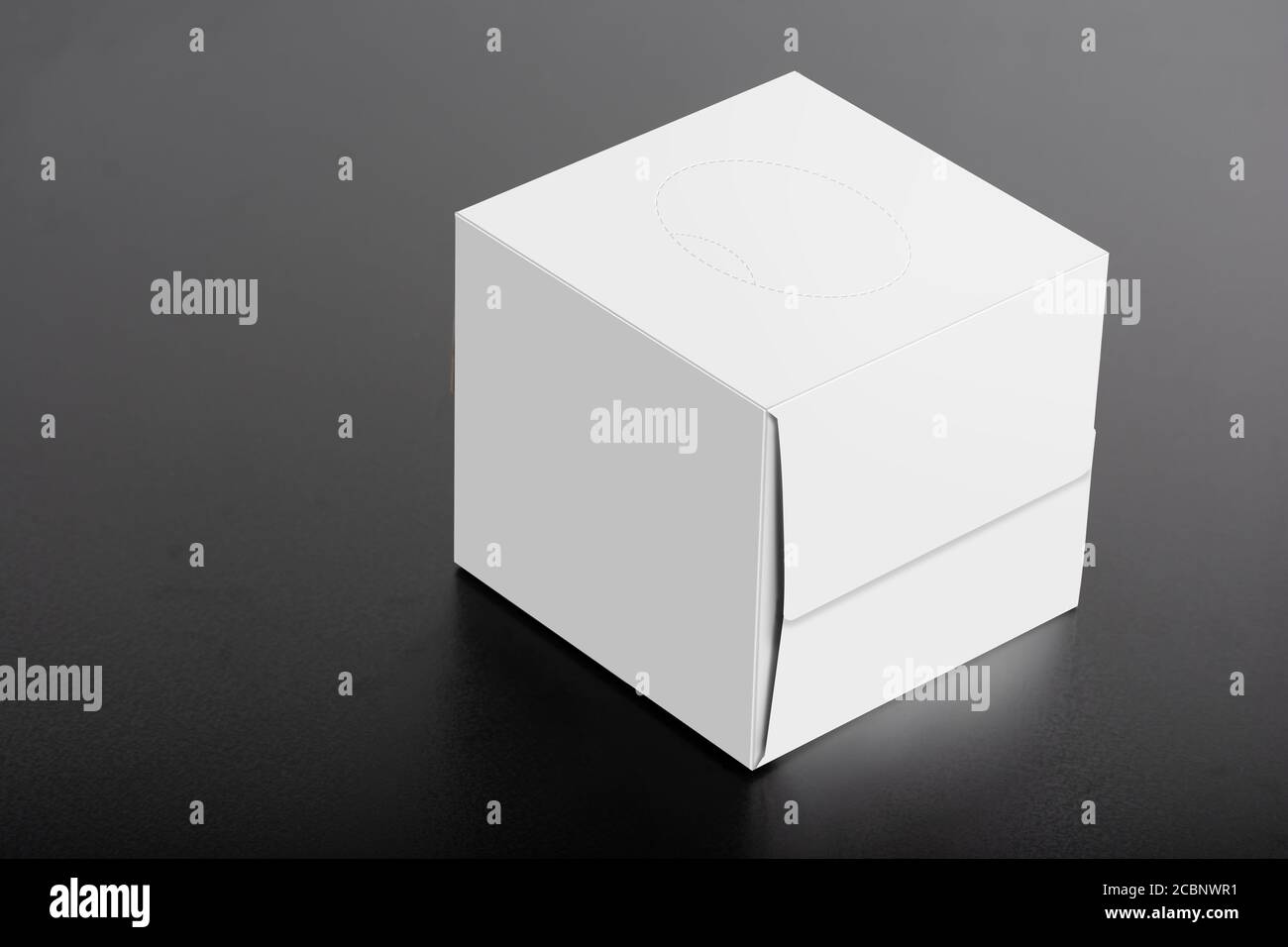 Kubische Tissue Box auf schwarzem Hintergrund, editierbare Mock-up-Serie bereit für Ihr Design, Auswahlpfad enthalten. Stockfoto