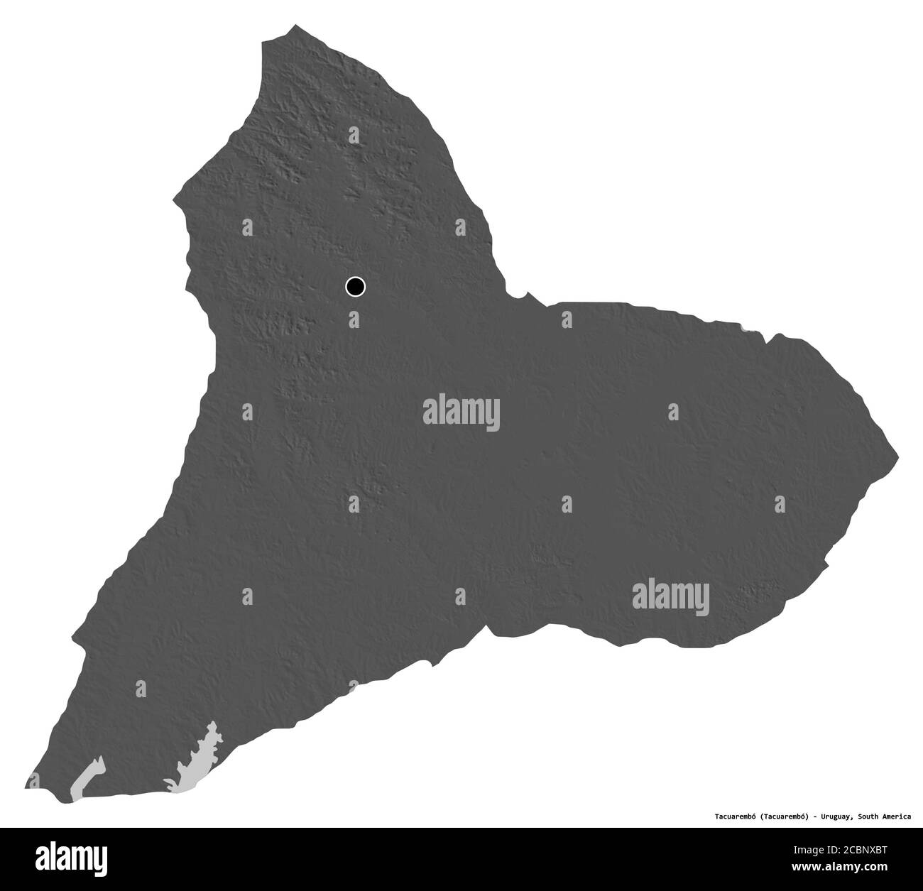 Form von Tacuarembó, Department of Uruguay, mit seiner Hauptstadt isoliert auf weißem Hintergrund. Höhenkarte mit zwei Ebenen. 3D-Rendering Stockfoto