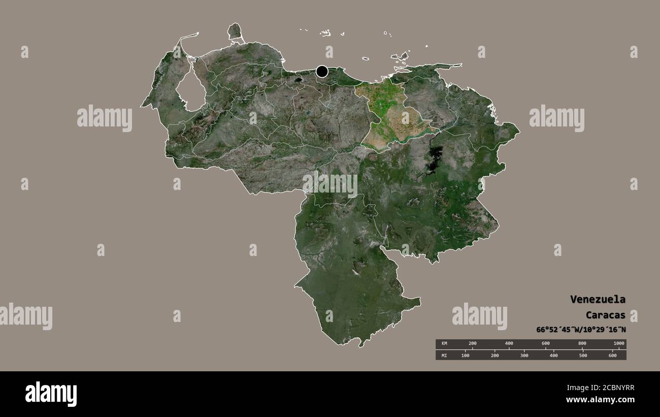 Entsättigte Form Venezuelas mit seiner Hauptstadt, der wichtigsten regionalen Teilung und dem abgetrennten Anzoátegui-Gebiet. Beschriftungen. Satellitenbilder. 3D-Rendering Stockfoto