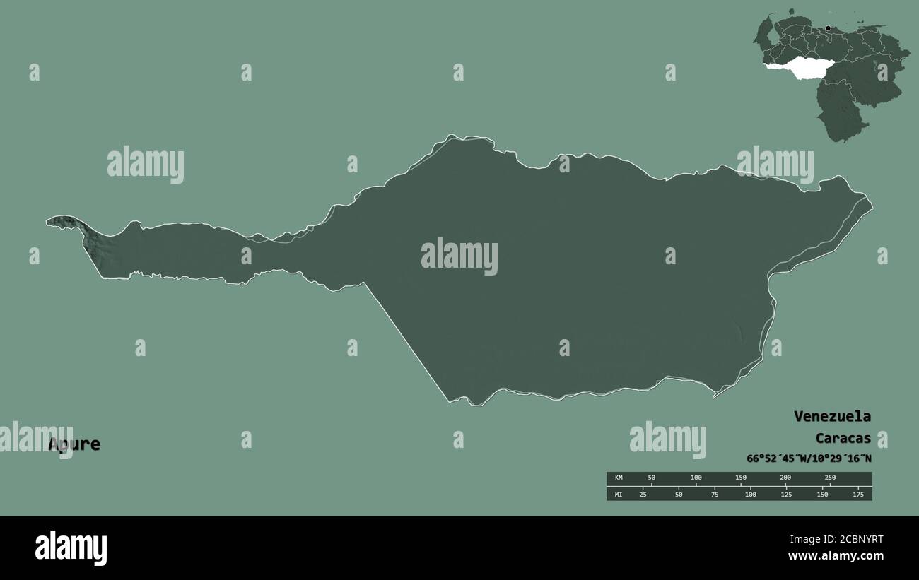 Form von Apure, Staat Venezuela, mit seiner Hauptstadt auf festem Hintergrund isoliert. Entfernungsskala, Regionenvorschau und Beschriftungen. Farbige Höhenkarte. 3 Stockfoto