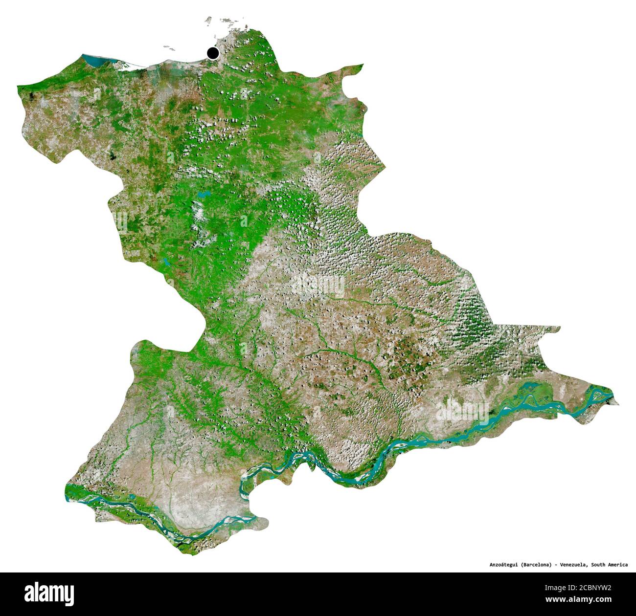 Form von Anzoátegui, Staat Venezuela, mit seiner Hauptstadt isoliert auf weißem Hintergrund. Satellitenbilder. 3D-Rendering Stockfoto