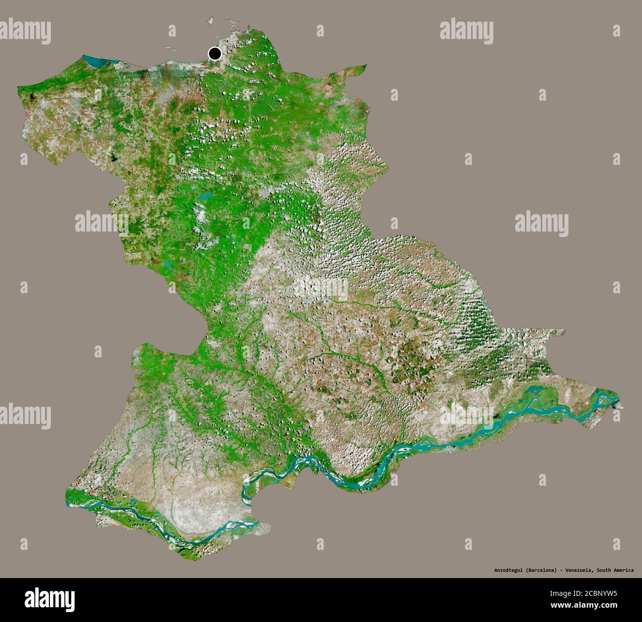 Form von Anzoátegui, Staat Venezuela, mit seiner Hauptstadt isoliert auf einem einfarbigen Hintergrund. Satellitenbilder. 3D-Rendering Stockfoto