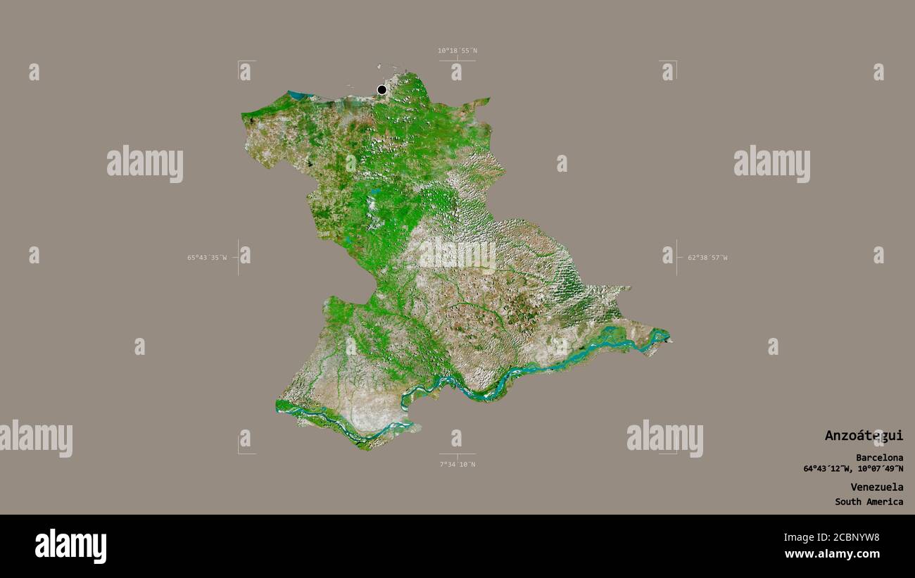 Gebiet von Anzoátegui, Staat Venezuela, isoliert auf einem soliden Hintergrund in einem georeferenzierten Begrenzungsrahmen. Beschriftungen. Satellitenbilder. 3D-Rendering Stockfoto