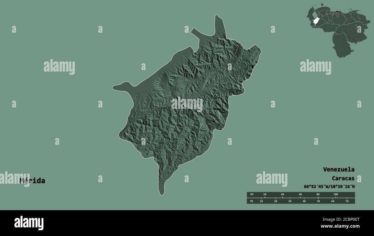 Form von Mérida, Staat Venezuela, mit seiner Hauptstadt auf festem Hintergrund isoliert. Entfernungsskala, Regionenvorschau und Beschriftungen. Farbige Höhenkarte. Stockfoto