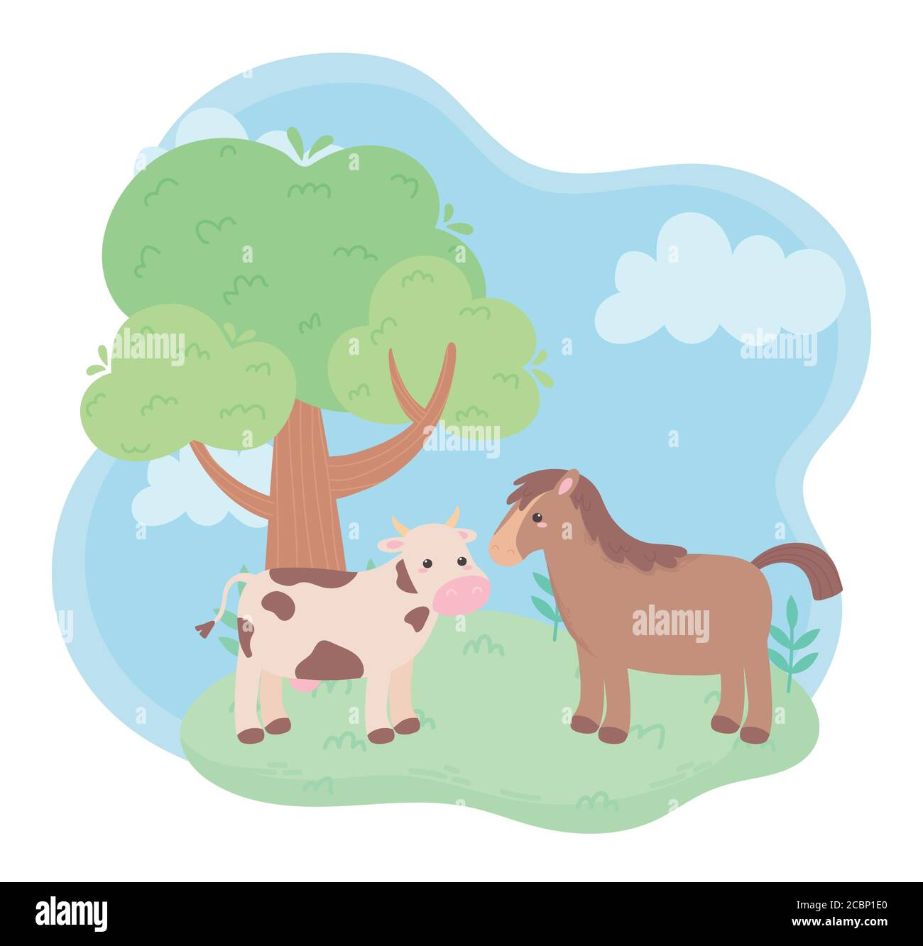 Nette Kuh und Pferd Baum Wiese Cartoon Tiere in einem Vektorgrafik natürliche Landschaft Stock Vektor