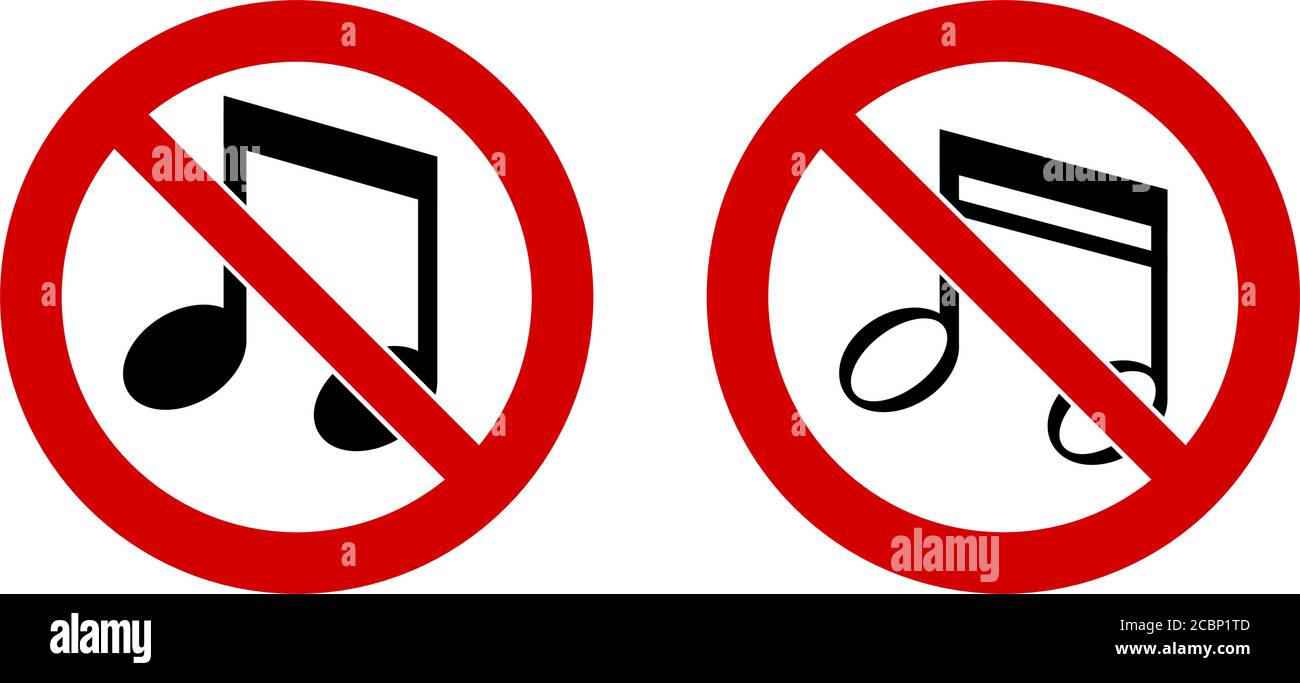 Halten Sie Ihre Musik niedrig / leise bitte unterschreiben. Musiknotensymbol in rot gekreuzten Kreis Stock Vektor