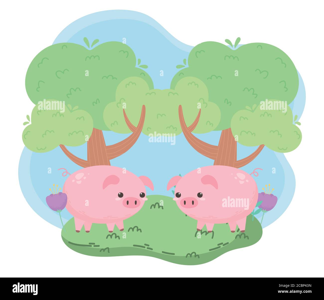 Nette kleine Schweinchen und Baum Cartoon Tiere in einem natürlichen Vektorgrafik Querformat Stock Vektor