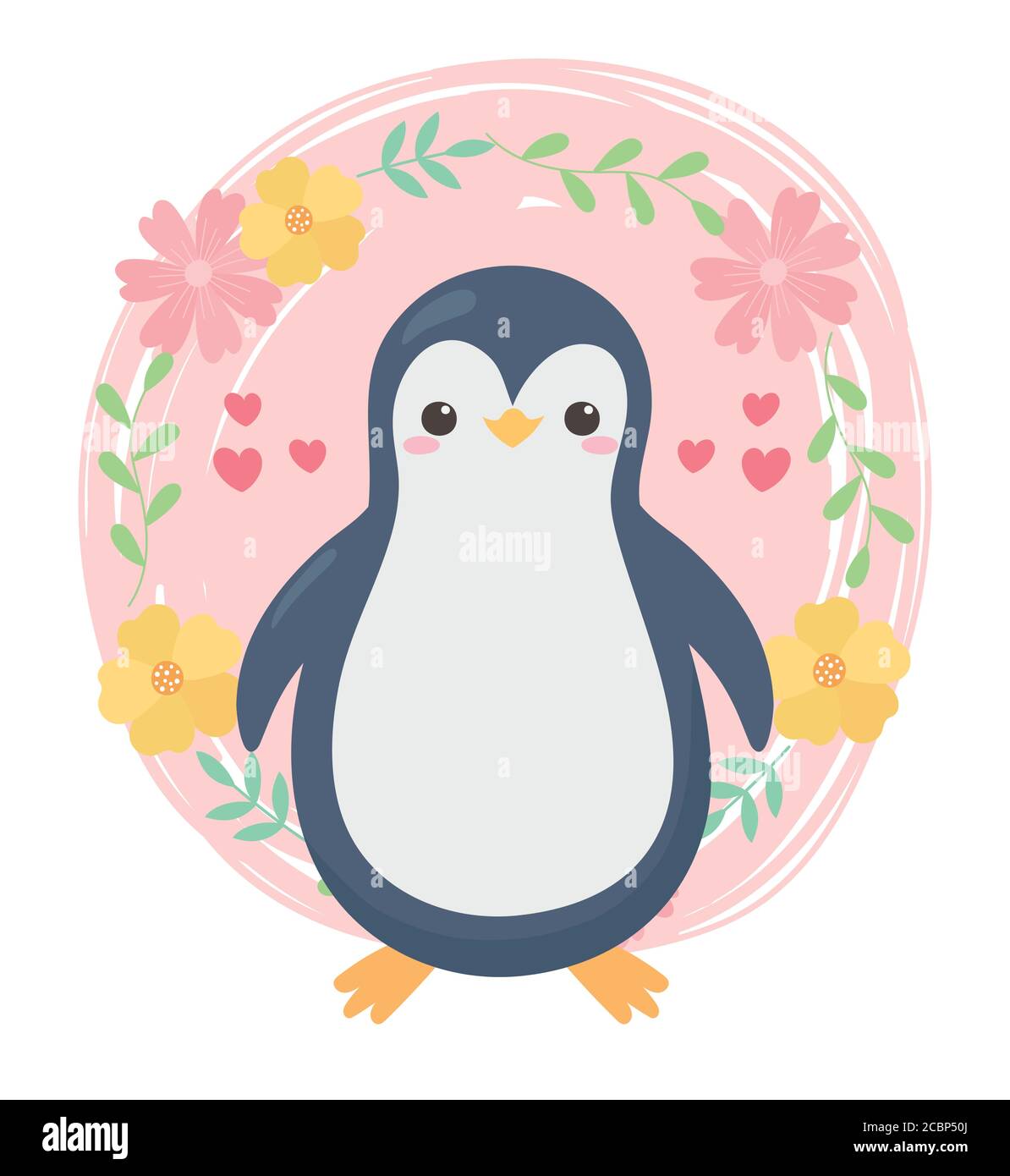 Niedliche kleine Pinguin Blumen Herzen Cartoon Tier Vektor Illustration Stock Vektor