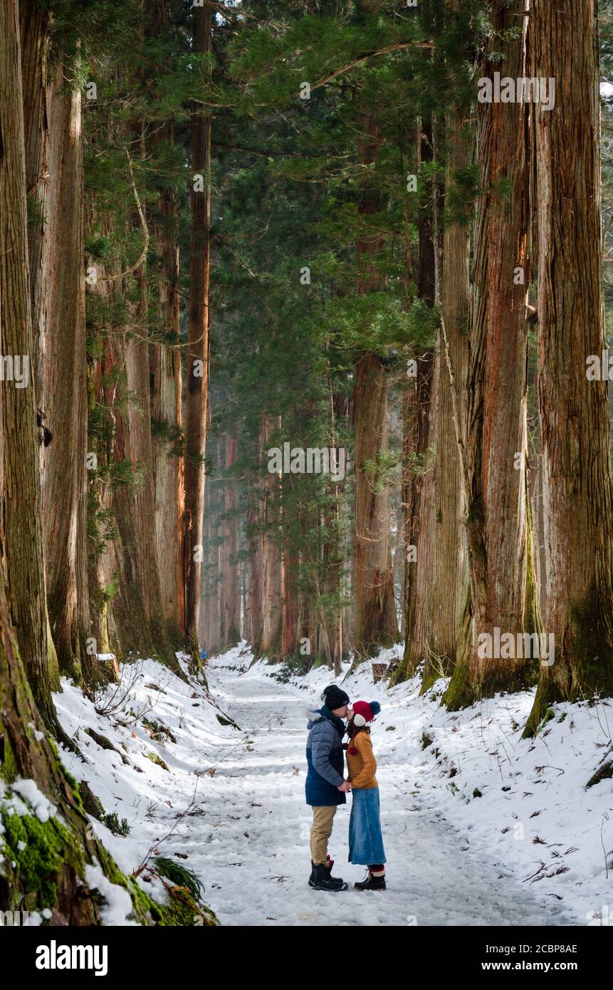 Paar posiert mit riesigen Zedernbäumen in natürlichen Wald mit Schnee und Nebel in der Wintersaison, Togakushi Jinja, Nagano, Japan. Tourist in Reise. Stockfoto