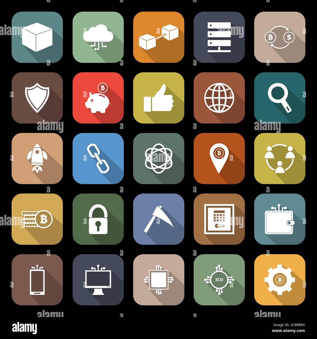 Blockchain flache Icons mit langem Schatten, Stock Vetor Stock Vektor