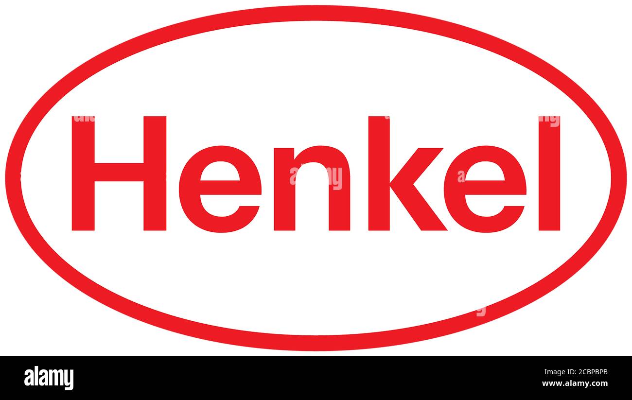 Logo Henkel, Konsumgüterindustrie, Hintergrund weiß Stockfoto