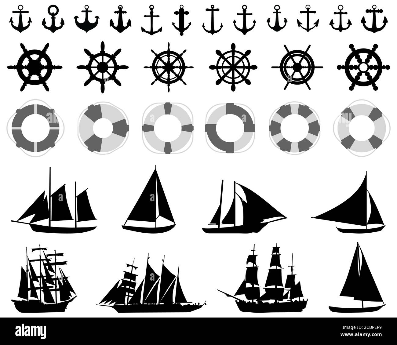 Ikonen von Anchores, Rudern, Rettungsschwimmern, Segelbooten auf weißem Hintergrund Stockfoto