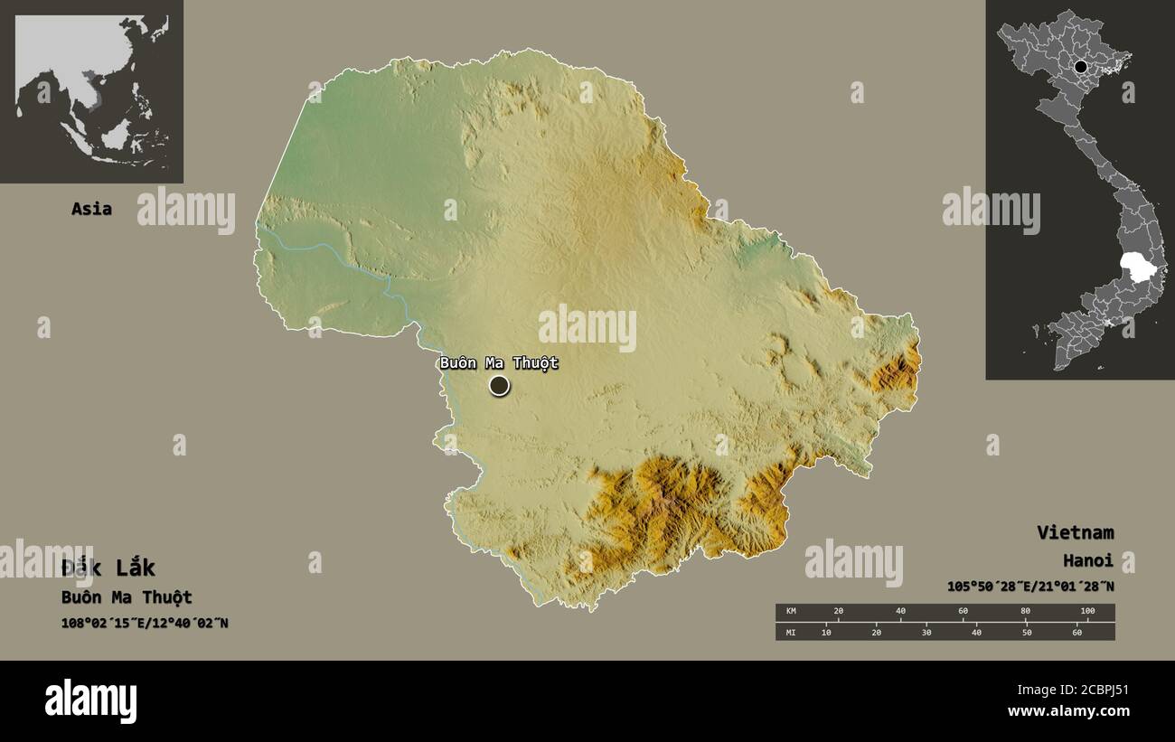 Form von Đắk Lắk, Provinz Vietnam, und seine Hauptstadt. Entfernungsskala, Vorschauen und Beschriftungen. Topografische Reliefkarte. 3D-Rendering Stockfoto