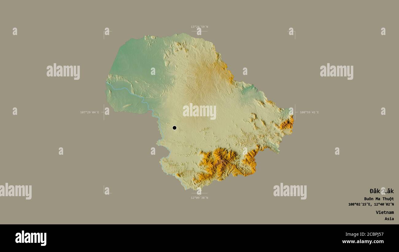 Fläche von Đắk Lắk, Provinz Vietnam, isoliert auf einem soliden Hintergrund in einem georeferenzierten Begrenzungsrahmen. Beschriftungen. Topografische Reliefkarte. 3D-Rendering Stockfoto