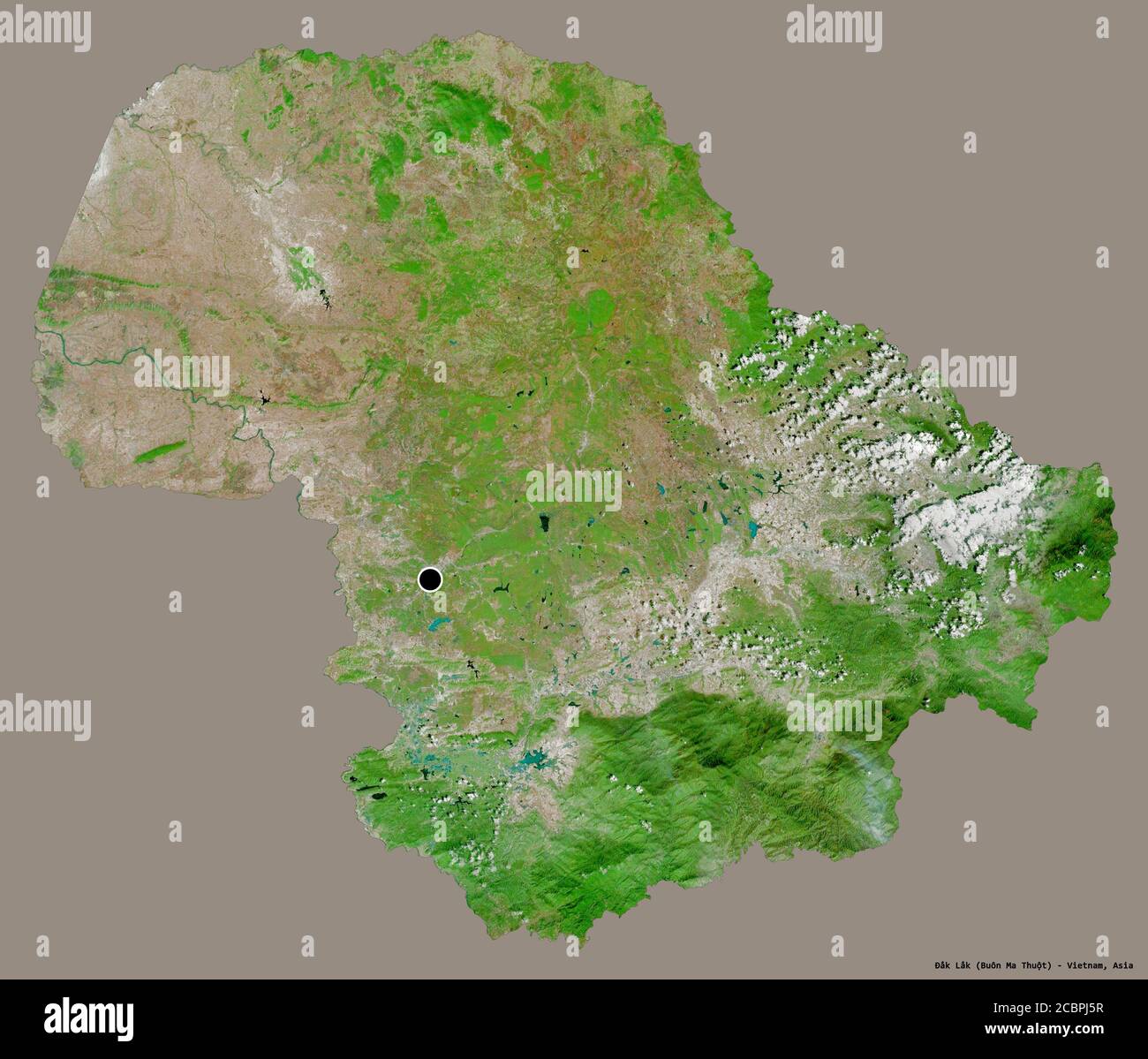 Form von Đắk Lắk, Provinz Vietnam, mit seiner Hauptstadt isoliert auf einem einfarbigen Hintergrund. Satellitenbilder. 3D-Rendering Stockfoto