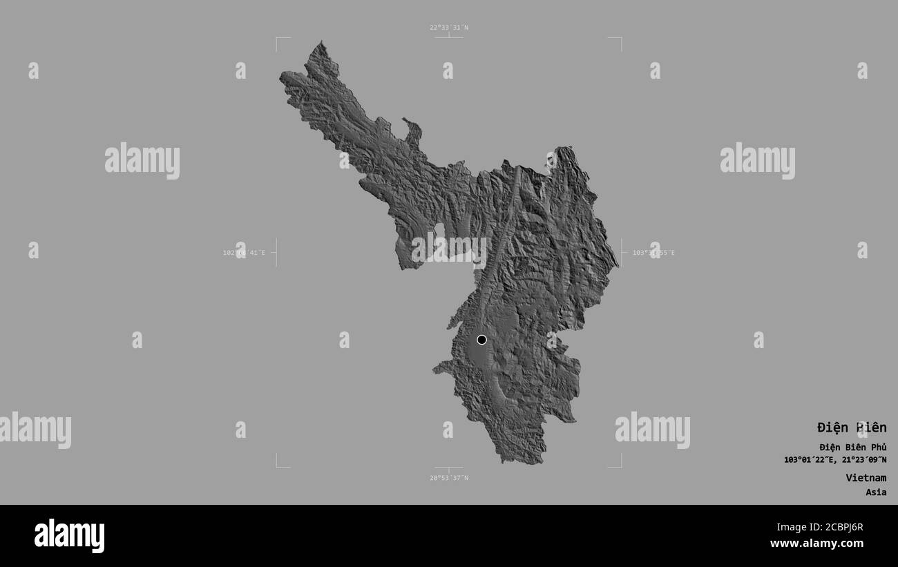 Fläche von Điện Biên, Provinz Vietnam, isoliert auf einem soliden Hintergrund in einem georeferenzierten Begrenzungsrahmen. Beschriftungen. Höhenkarte mit zwei Ebenen. 3D-Rendering Stockfoto