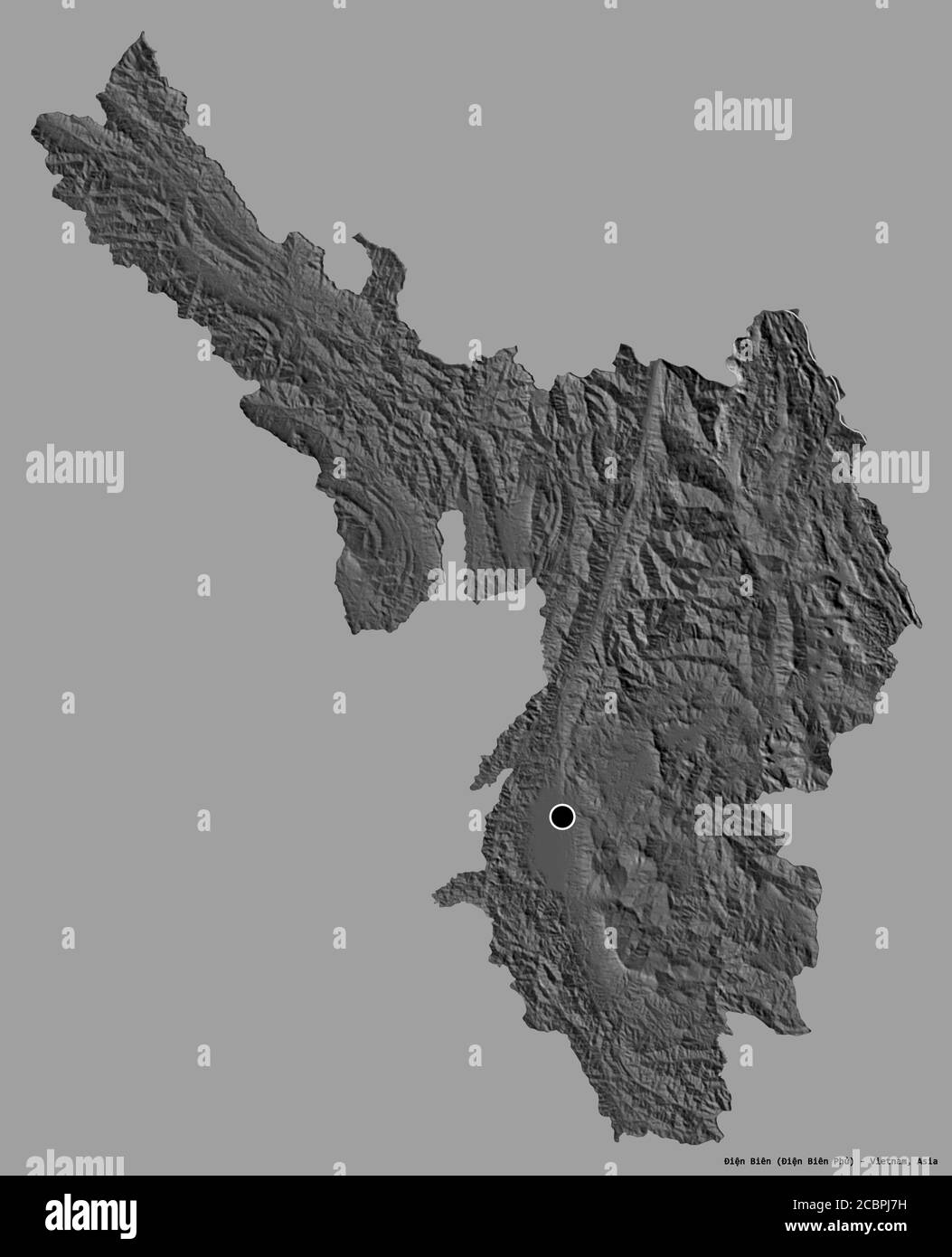 Form von Điện Biên, Provinz Vietnam, mit seiner Hauptstadt isoliert auf einem einfarbigen Hintergrund. Höhenkarte mit zwei Ebenen. 3D-Rendering Stockfoto