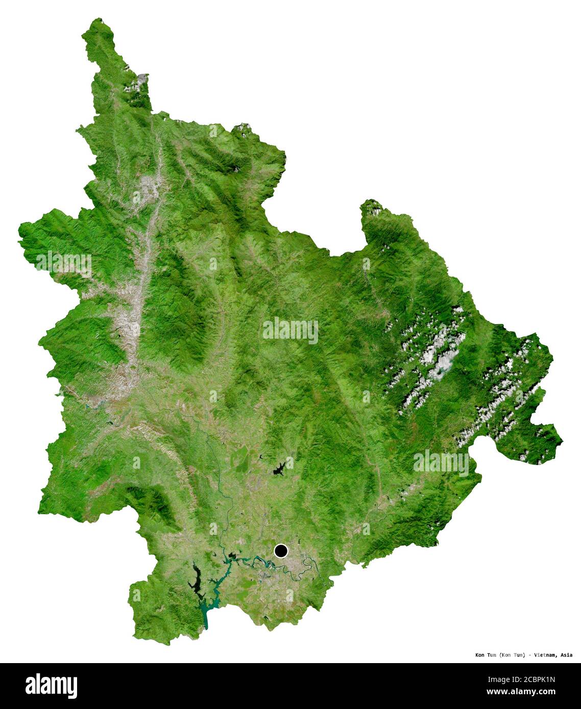 Form von Kon TUM, Provinz Vietnam, mit seiner Hauptstadt isoliert auf weißem Hintergrund. Satellitenbilder. 3D-Rendering Stockfoto