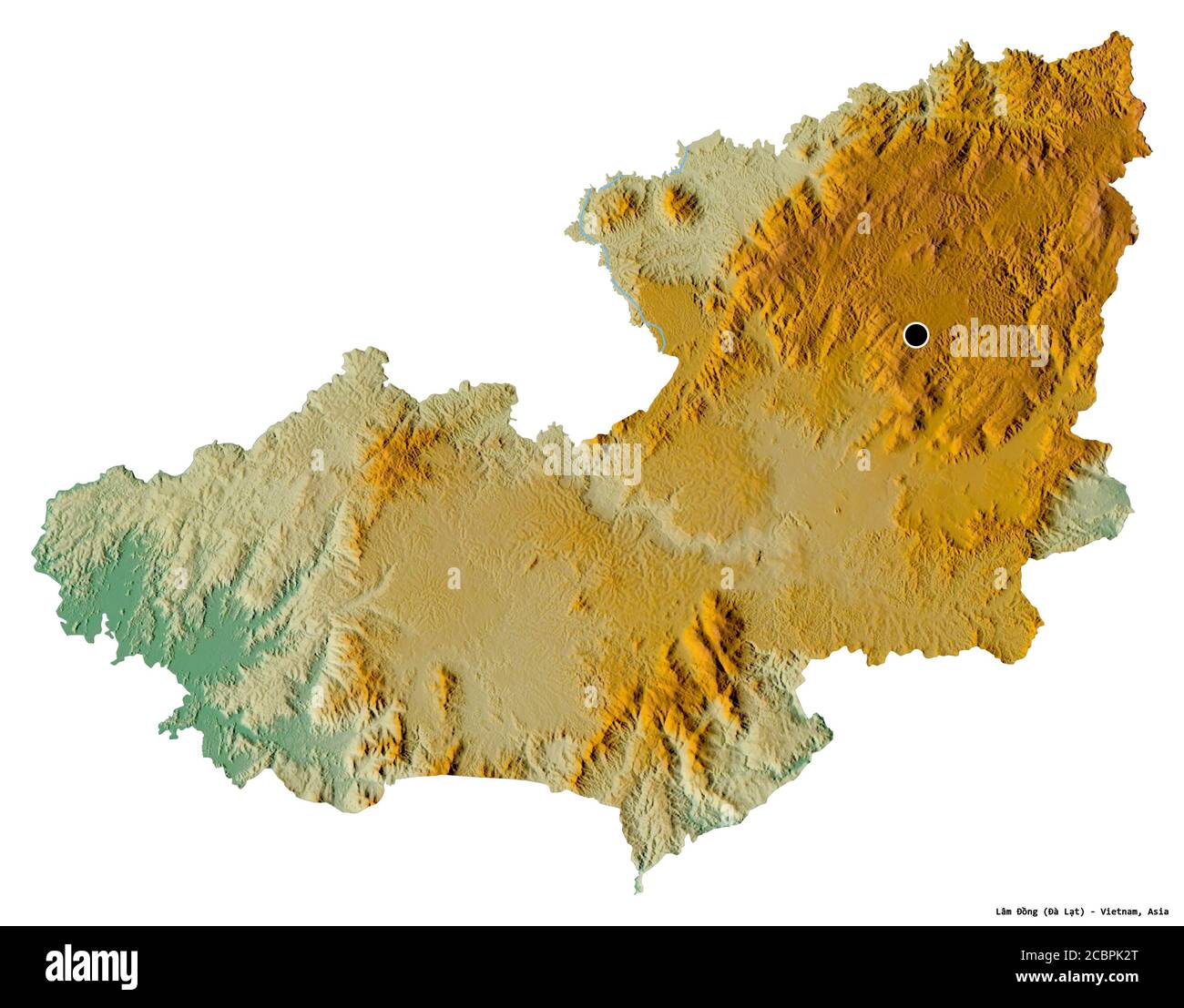 Form von Lâm Đồng, Provinz Vietnam, mit seiner Hauptstadt isoliert auf weißem Hintergrund. Topografische Reliefkarte. 3D-Rendering Stockfoto