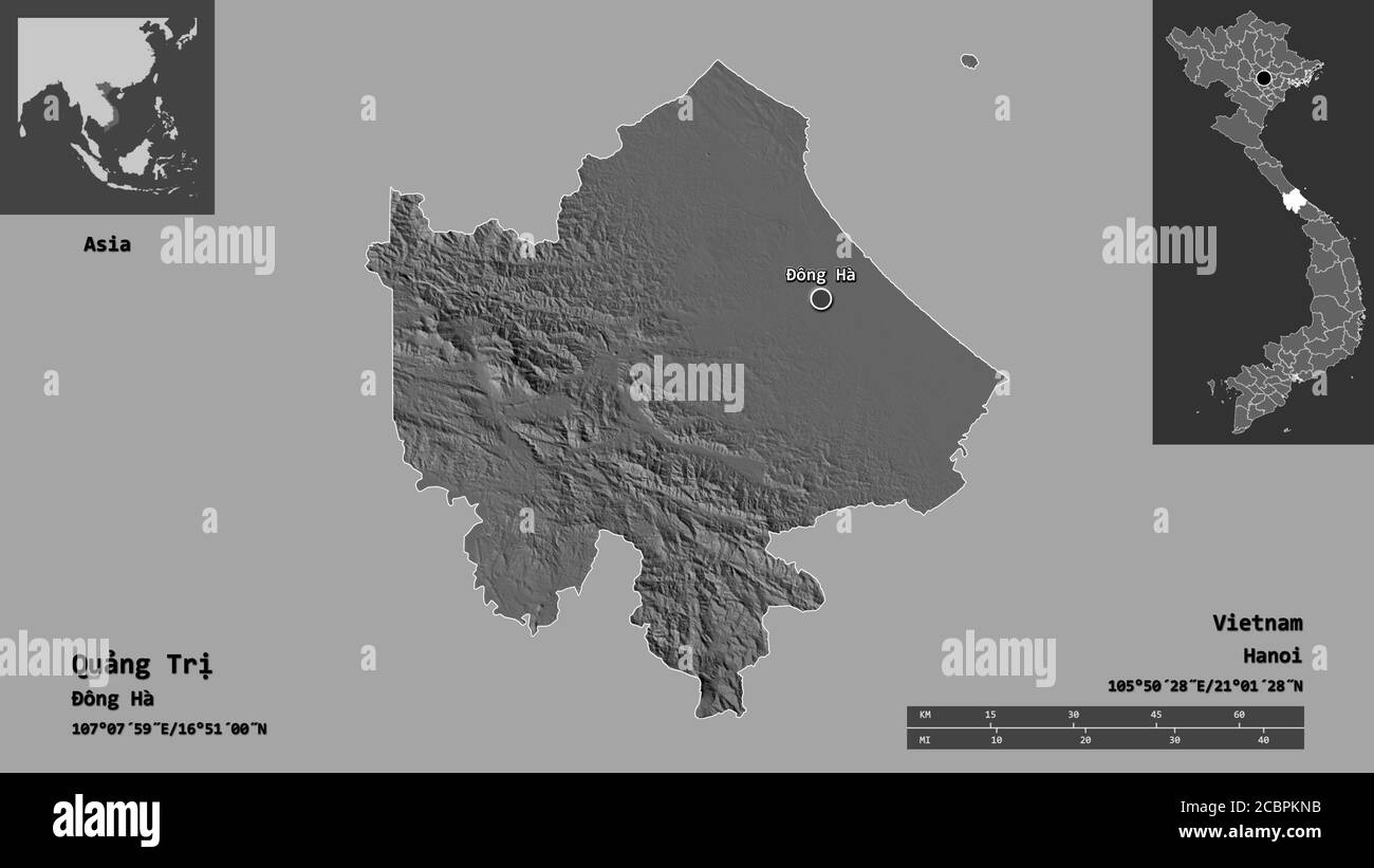 Form von Quảng Trị, Provinz Vietnam, und seine Hauptstadt. Entfernungsskala, Vorschauen und Beschriftungen. Höhenkarte mit zwei Ebenen. 3D-Rendering Stockfoto