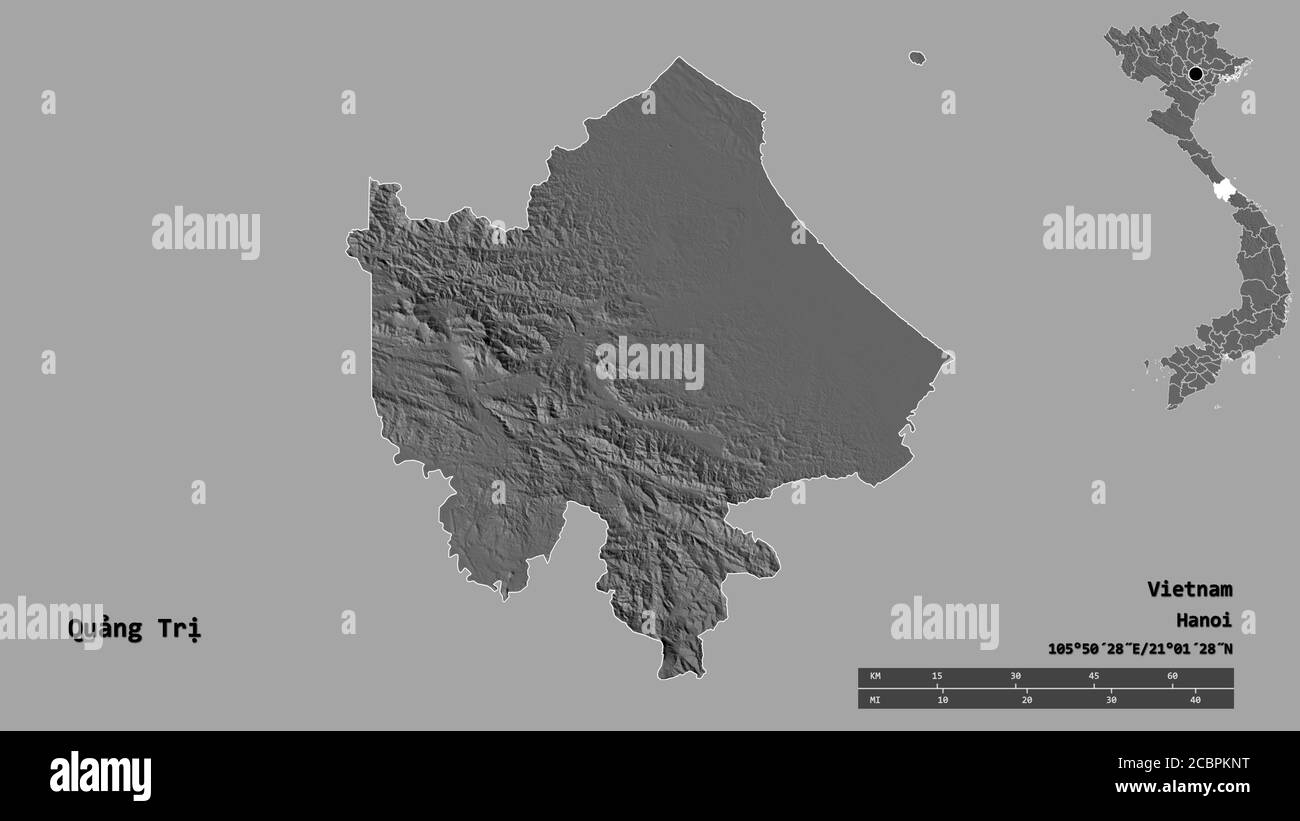 Form von Quảng Trị, Provinz Vietnam, mit seiner Hauptstadt auf festem Hintergrund isoliert. Entfernungsskala, Regionenvorschau und Beschriftungen. Höhe der Bilevel m Stockfoto