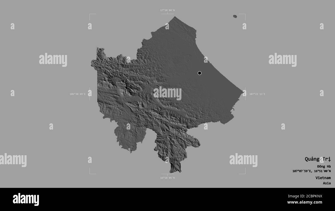 Fläche von Quảng Trị, Provinz Vietnam, isoliert auf einem soliden Hintergrund in einem georeferenzierten Begrenzungsrahmen. Beschriftungen. Höhenkarte mit zwei Ebenen. 3D-Rendering Stockfoto