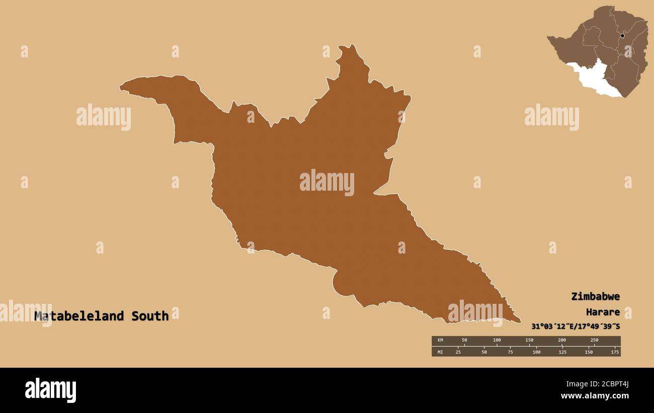 Form von Matabeleland South, Provinz Simbabwe, mit seiner Hauptstadt isoliert auf festem Hintergrund. Entfernungsskala, Regionenvorschau und Beschriftungen. Compositi Stockfoto