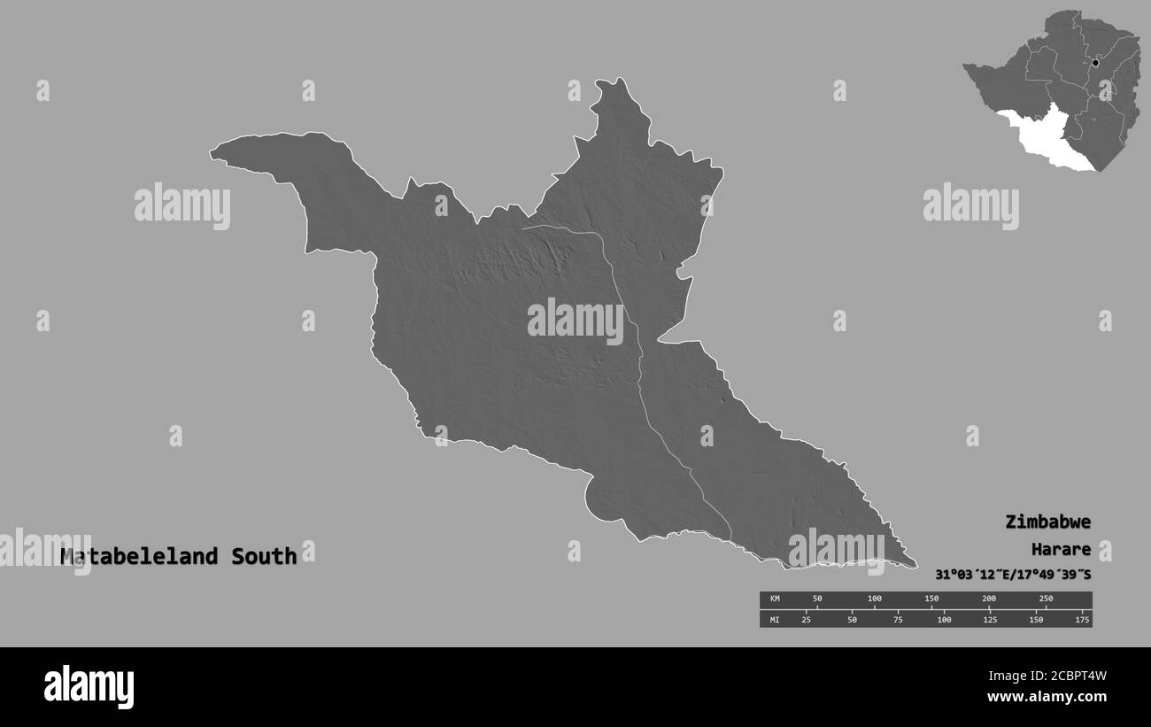 Form von Matabeleland South, Provinz Simbabwe, mit seiner Hauptstadt isoliert auf festem Hintergrund. Entfernungsskala, Regionenvorschau und Beschriftungen. Bilevel e Stockfoto