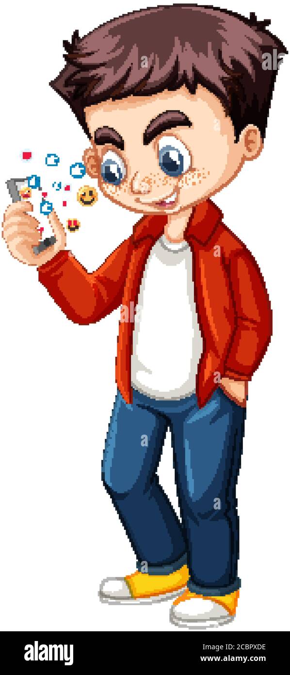 Junge in rotem Hemd mit Smartphone Cartoon Figur isoliert Auf weißem  Hintergrund Stock-Vektorgrafik - Alamy