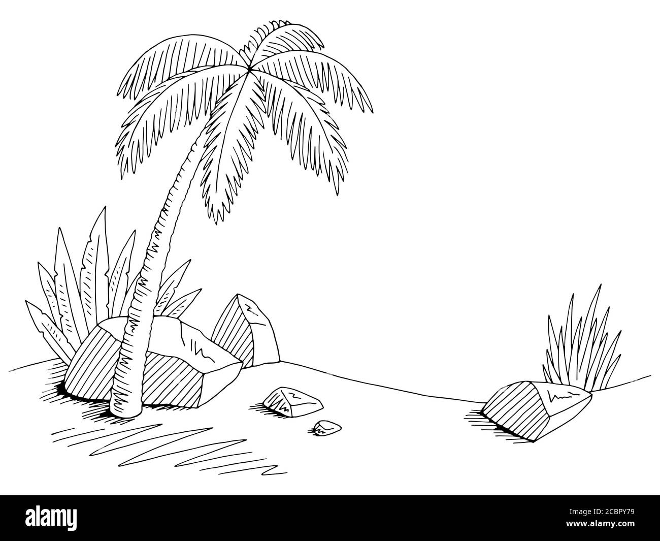 Palmengrafik schwarz weiß Landschaft Skizze Illustration Vektor Stock Vektor