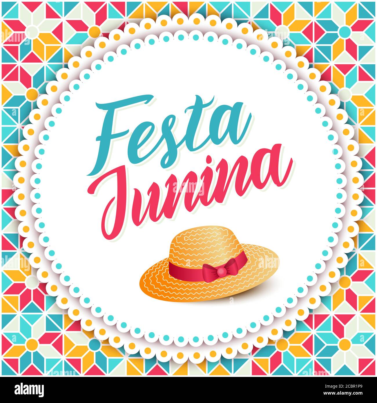 Festa Junina Illustration - traditionelle Brasilien juni Festival Party - Mittsommerurlaub. Karneval Hintergrund - Schriftzug Festa Junina, Strohhut auf Stock Vektor