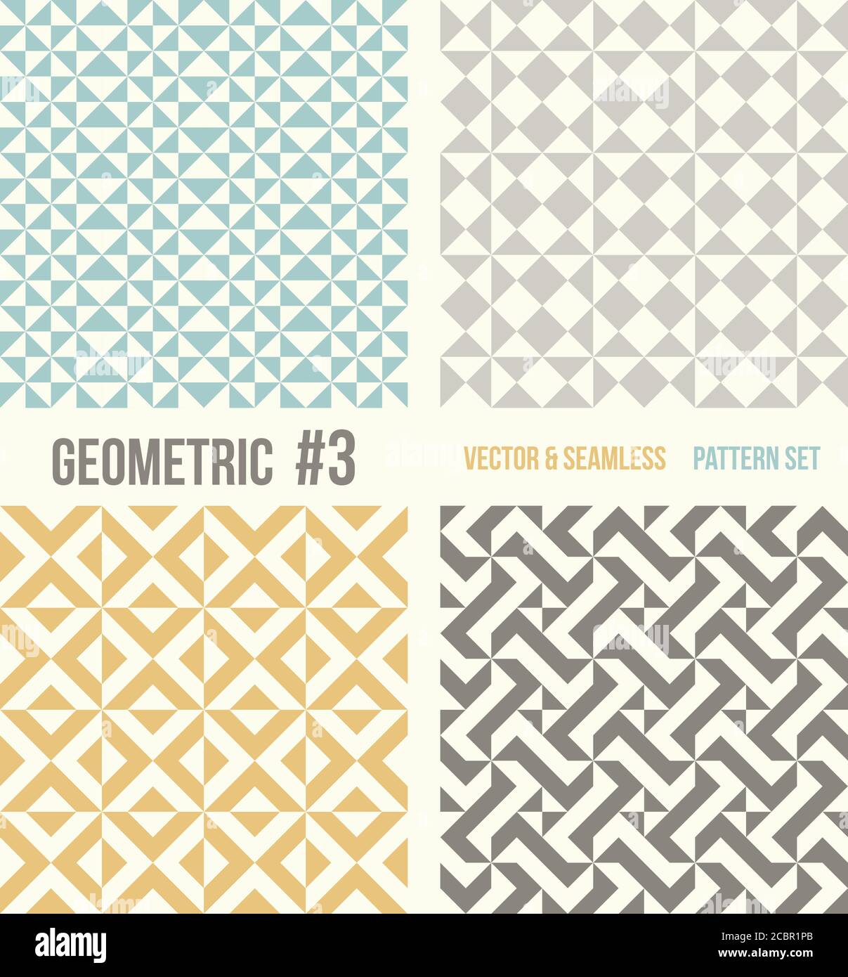 Satz von vier geometrischen Mustern. Sammlung von verschiedenen abstrakten Mustern, Nummer 3. Blaugrün, gelb und grau, dunkelgraue Hintergründe. Einfache Farben - eas Stock Vektor