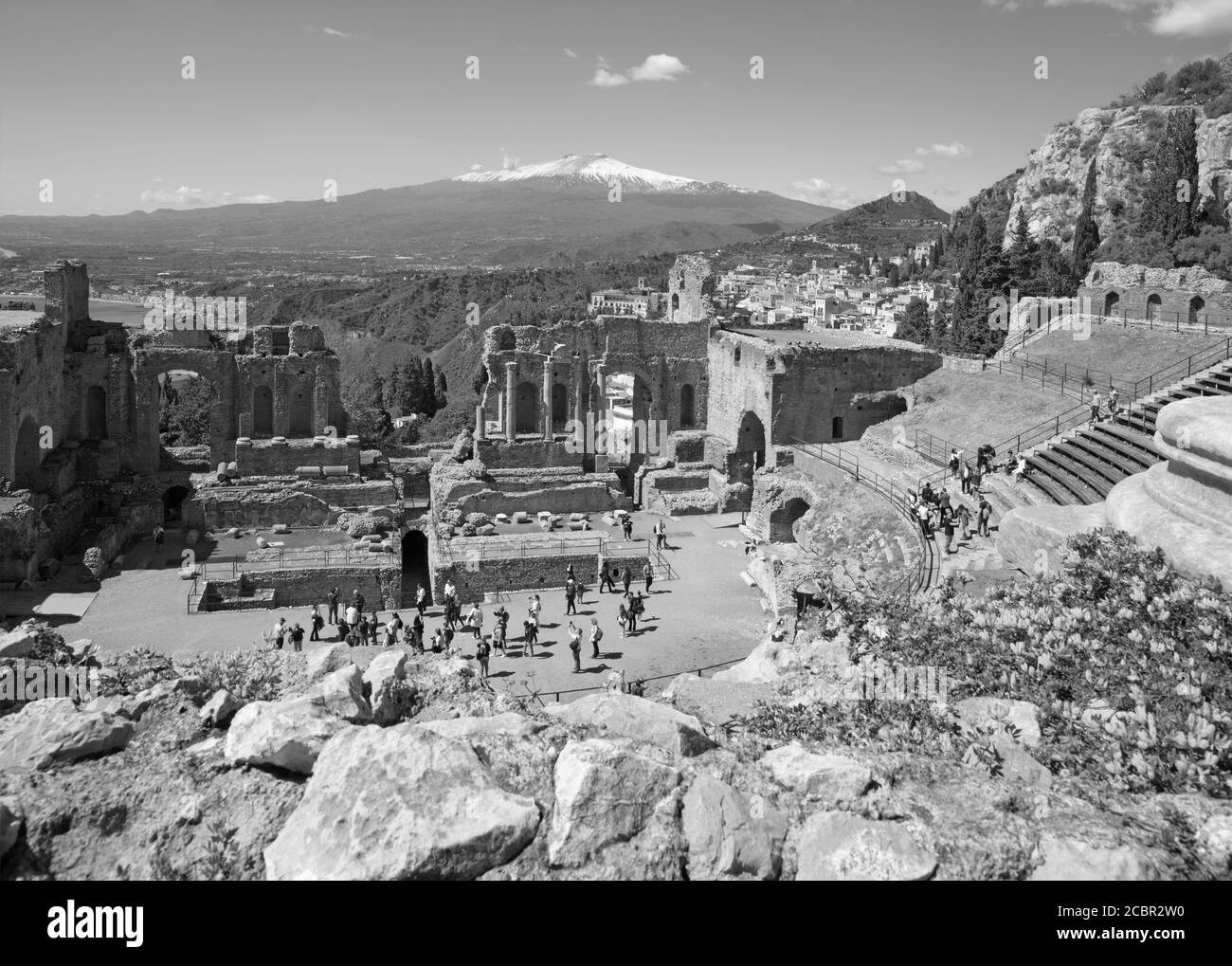 Taormina und Mt. Vulkan Ätna in der bacground - Sizilien. Stockfoto
