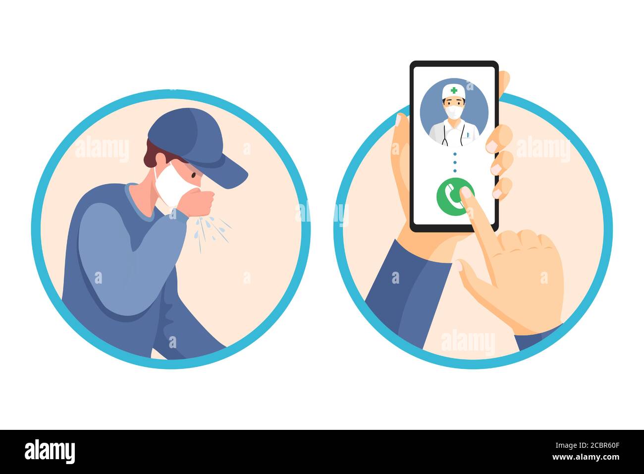 Wenn Sie Fieber Symptome haben, dann rufen Sie Arzt sofort Vektor flaches Banner-Design. Junger Mann in medizinischen Gesichtsmasken haben Husten und Fieber. Coronavirus-Schutzmaßnahme, Quarantäneempfehlung. Stock Vektor