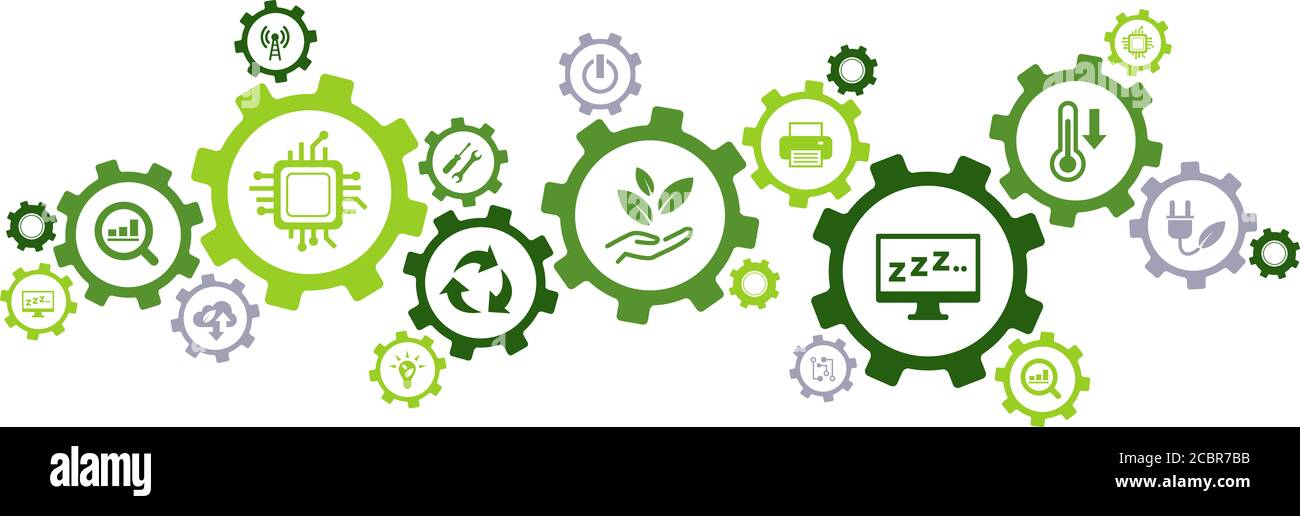 Green Computing / Green IT Connected Icon Konzept: Umweltverträgliche IKT, Recycling, Cloud Computing, Systemdesign – Illustration. Stockfoto