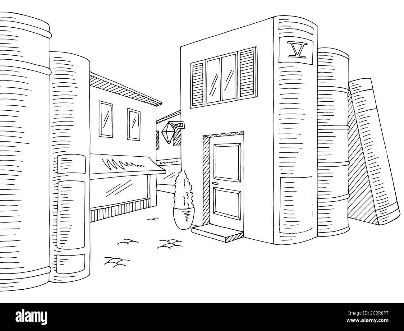 Straße zwischen Büchern Grafik schwarz weiß Skizze Illustration Vektor Stock Vektor