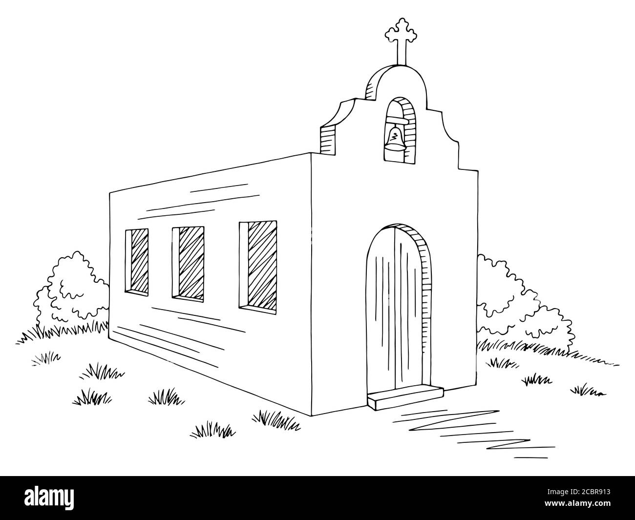 Kirche außen Grafik schwarz weiß Skizze Illustration Vektor Stock Vektor