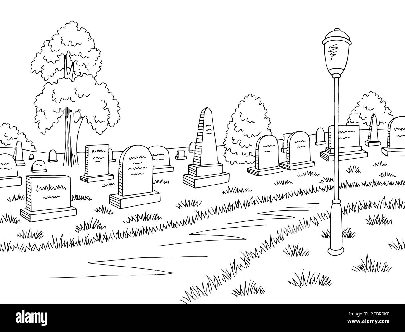 Friedhof Grafik schwarz weiß Landschaft Skizze Illustration Vektor Stock Vektor