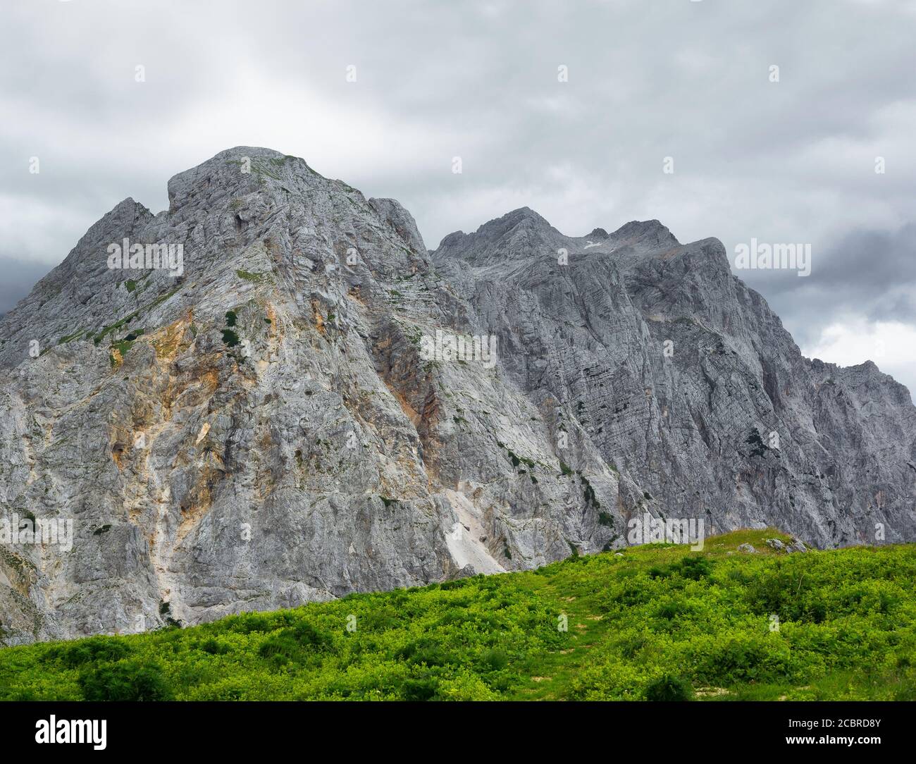Kamnik-Savinja Alpen, Slowenien. Blick vom Kamnik Sattel ( Kamnisko Sedlo ). Schöne Natur mit felsigen Gipfeln und grünen Sträuchern Stockfoto