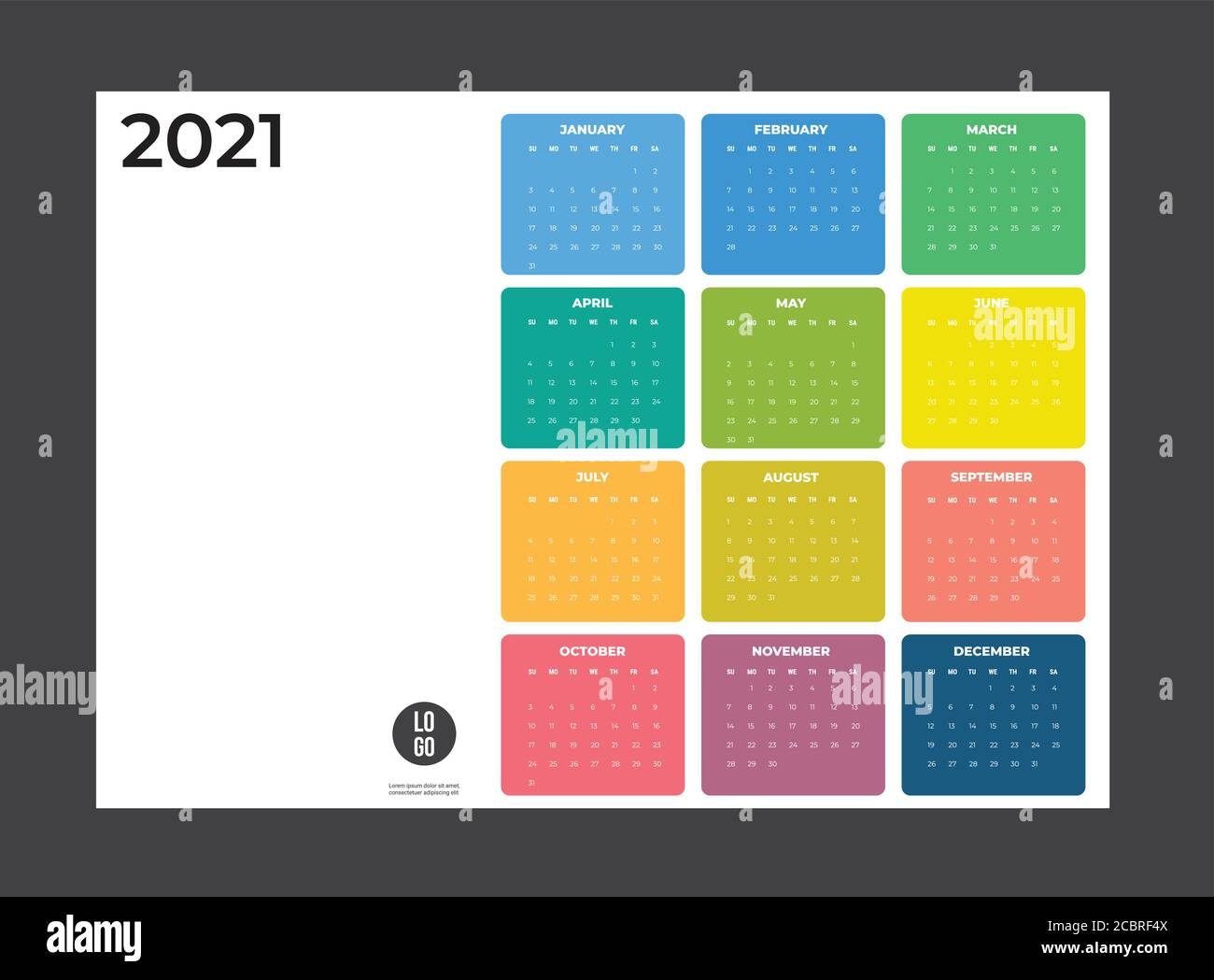 2020 Kalender - Abbildung. Vorlage. Mock up Woche beginnt Sonntag Stock Vektor