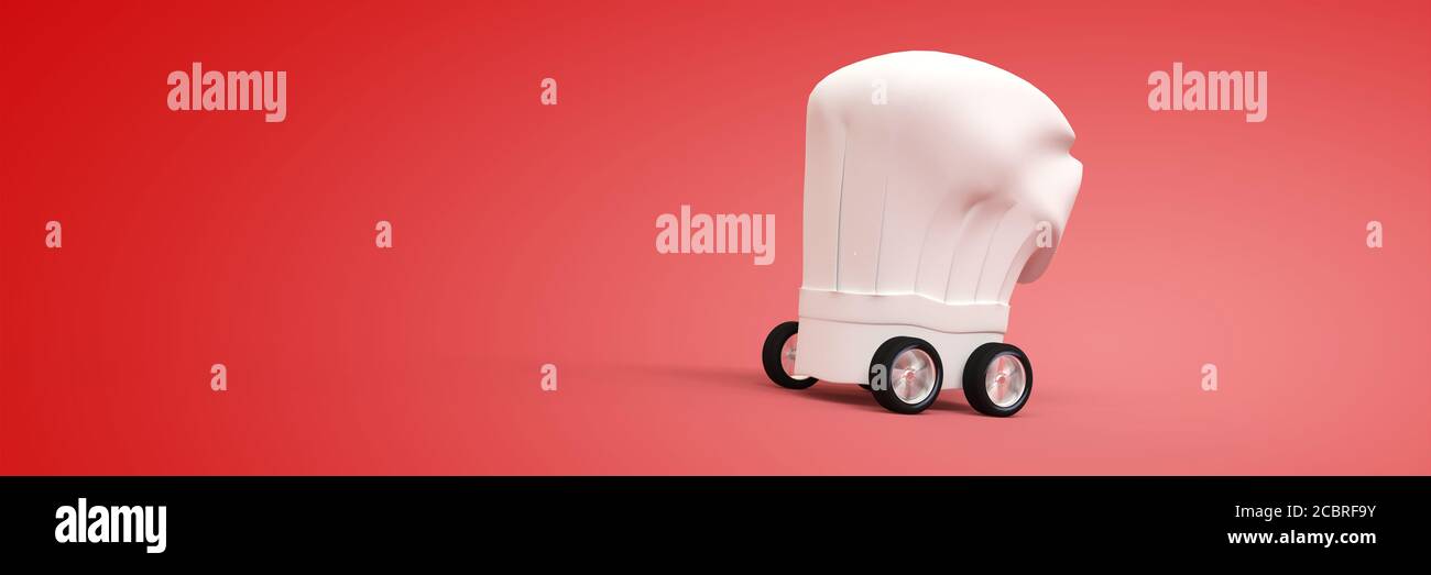 Kochmütze mit Rädern, Lieferung von Hausmahlzeiten 3D-Rendering Stockfoto
