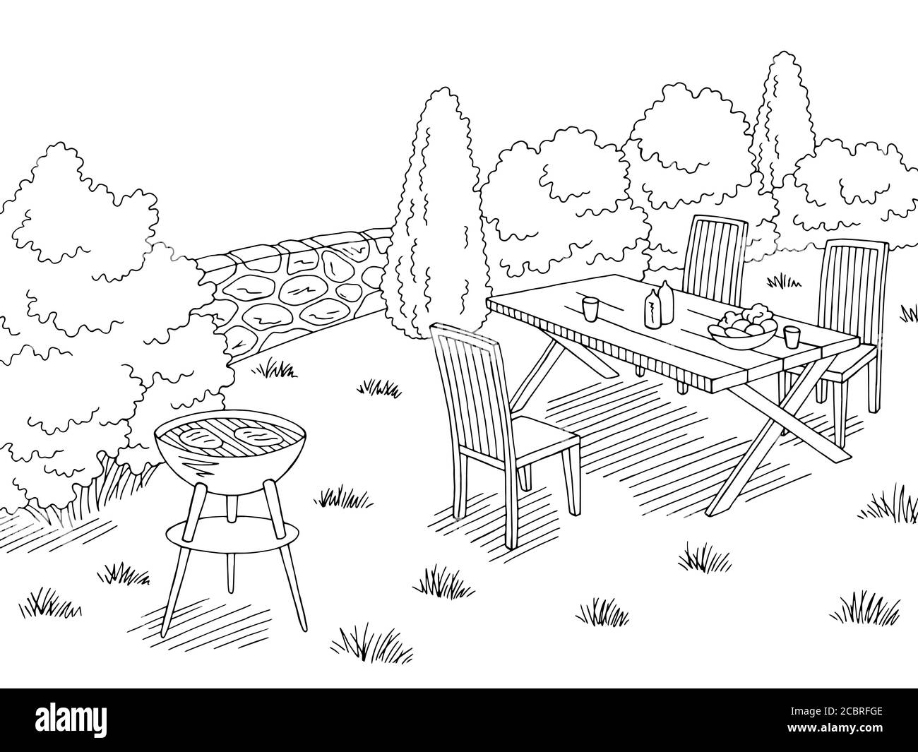 Barbecue Grafik schwarz weiß Landschaft Skizze Illustration Vektor Stock Vektor