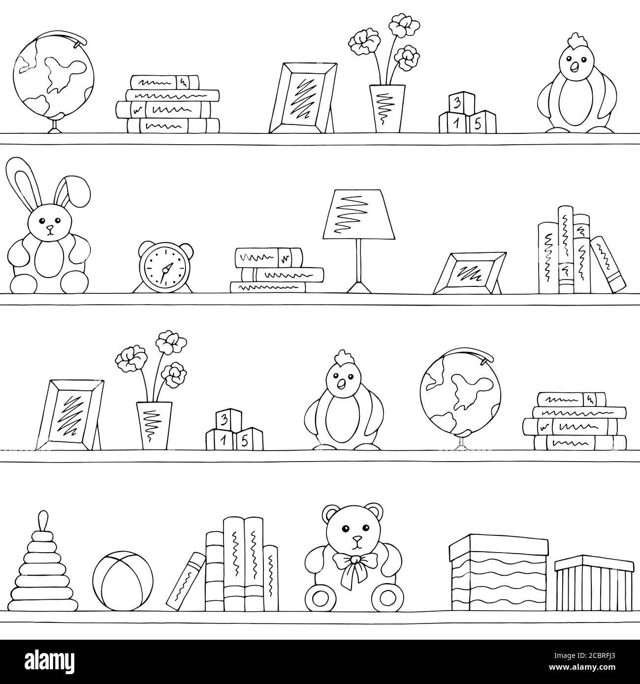 Regale Grafik schwarz weiß Kinder Zimmer Spielzeug Buch nahtlose Muster Vektor der Hintergrundskizze Stock Vektor