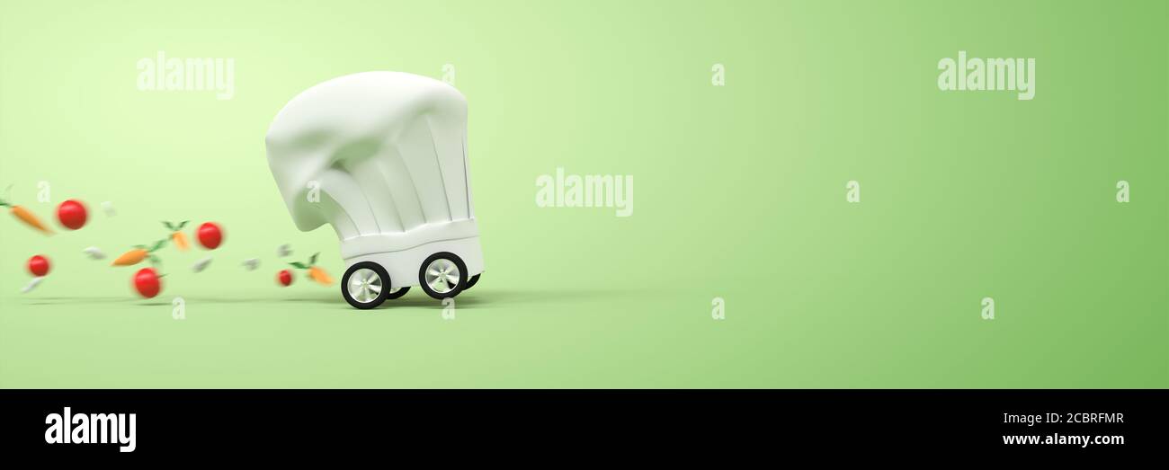 Kochmütze mit Rädern für die Lieferung nach Hause Stockfoto