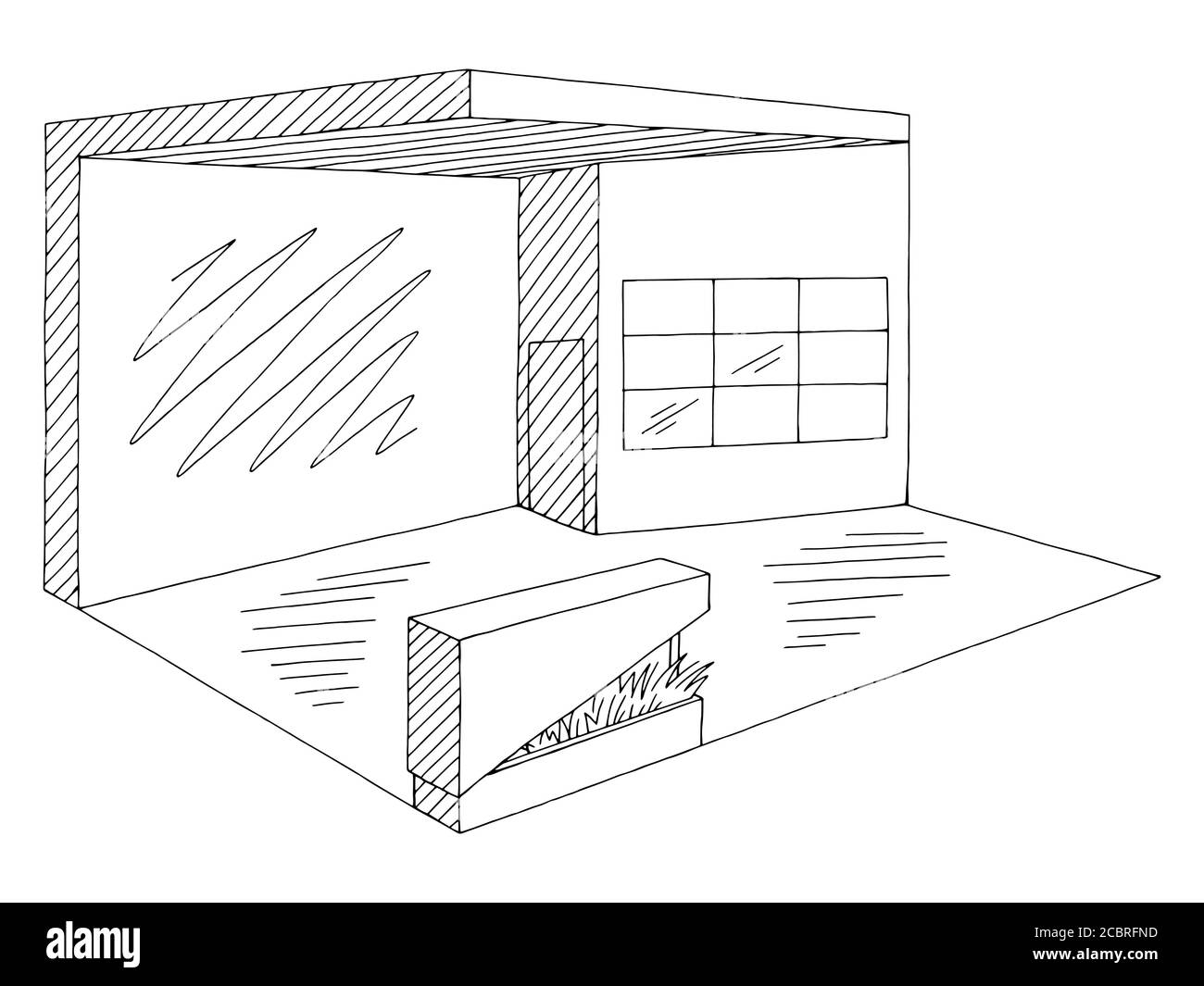 Ausstellungsstand Grafik Innenraum schwarz weiß Skizze Illustration Vektor Stock Vektor