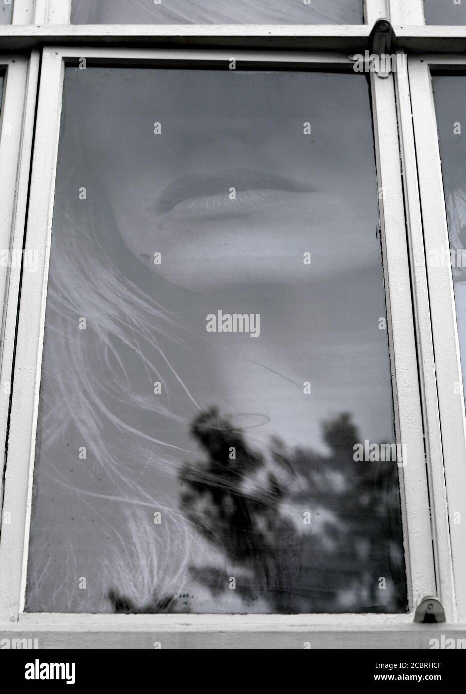 Das Gesicht einer Frau, das in einer Werbung in einem Fenster verwendet wird. Stockfoto