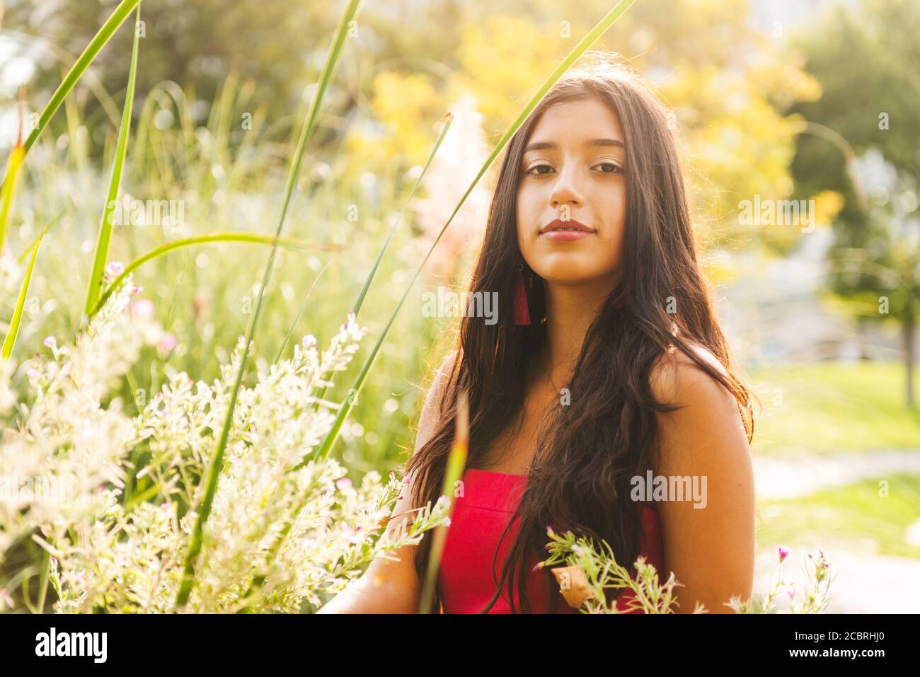 Junge Mädchen Brünette Latina mit langen schwarzen Haaren und schwarzen Augen, trägt ein rotes Kleid neben Pflanzen mit romantischen Sonnenuntergang Licht. Kopieren Raum Stockfoto