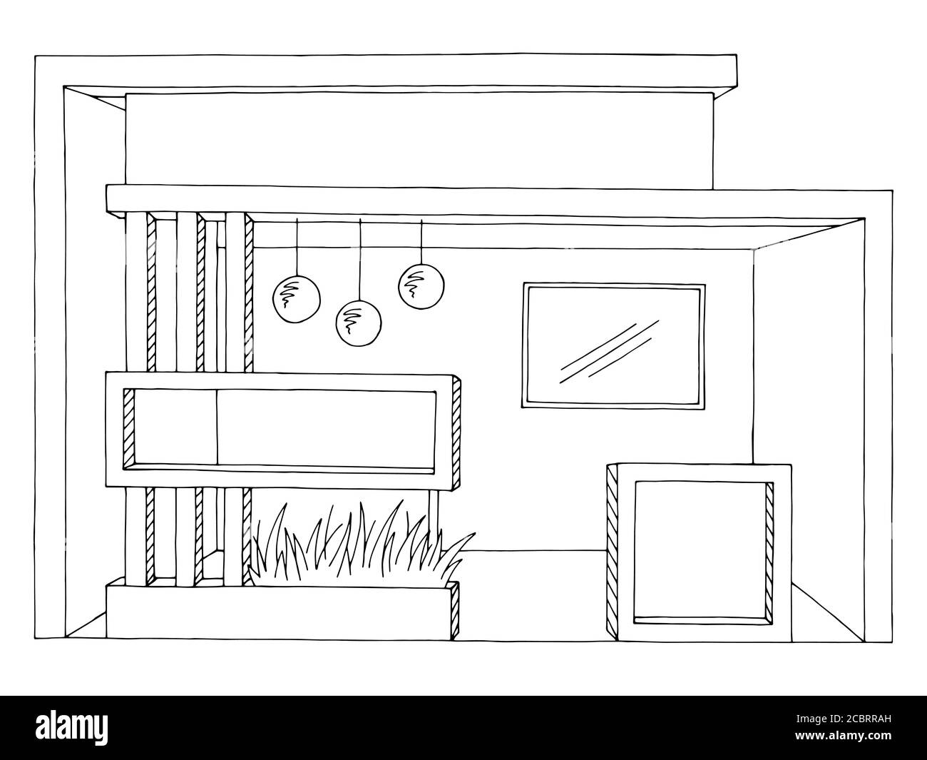 Ausstellungsstand Grafik Innenraum schwarz weiß Skizze Illustration Vektor Stock Vektor